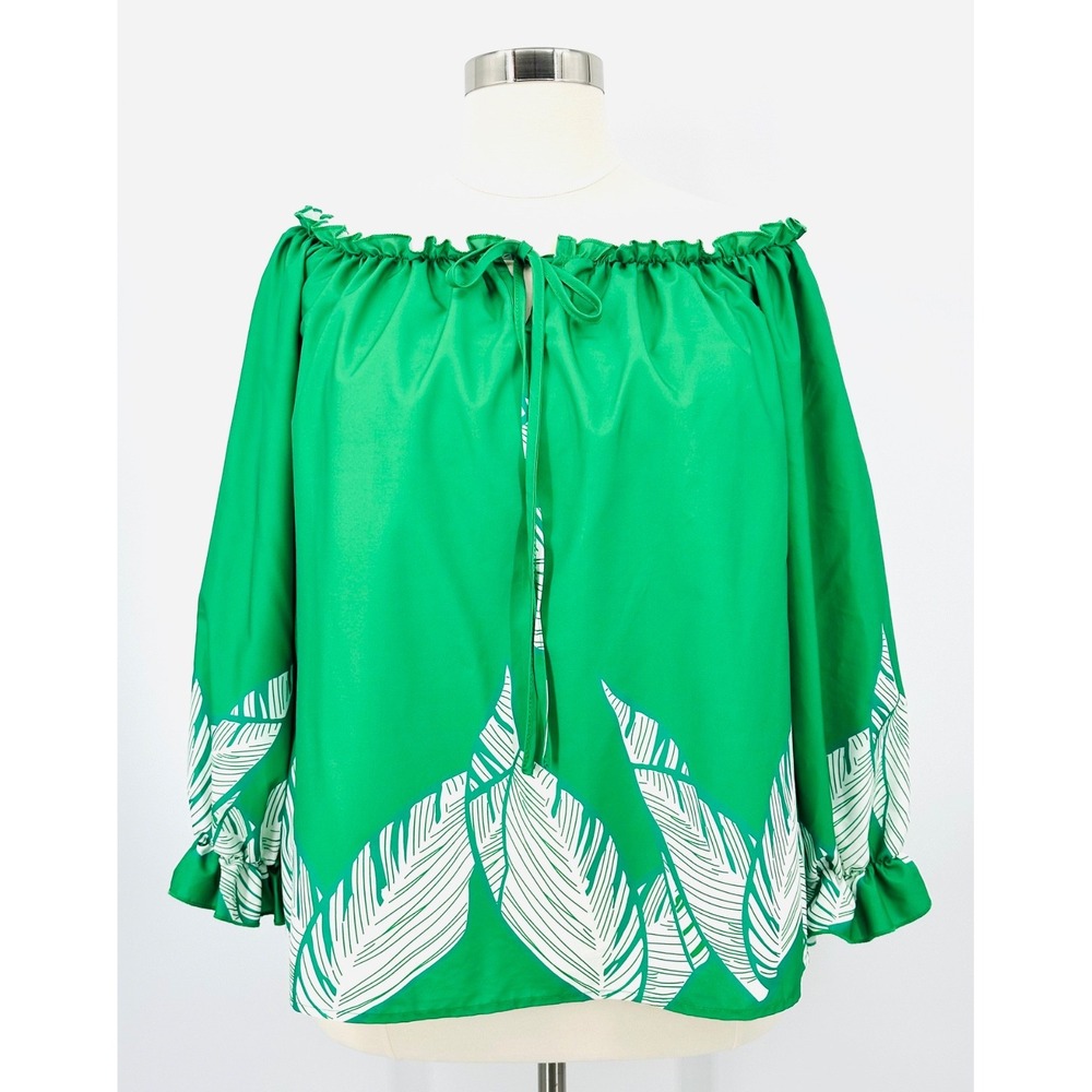 Green & White Tropical Palm Leaves Off-Shoulder Long Sleeve Blouse Women's 3XL
